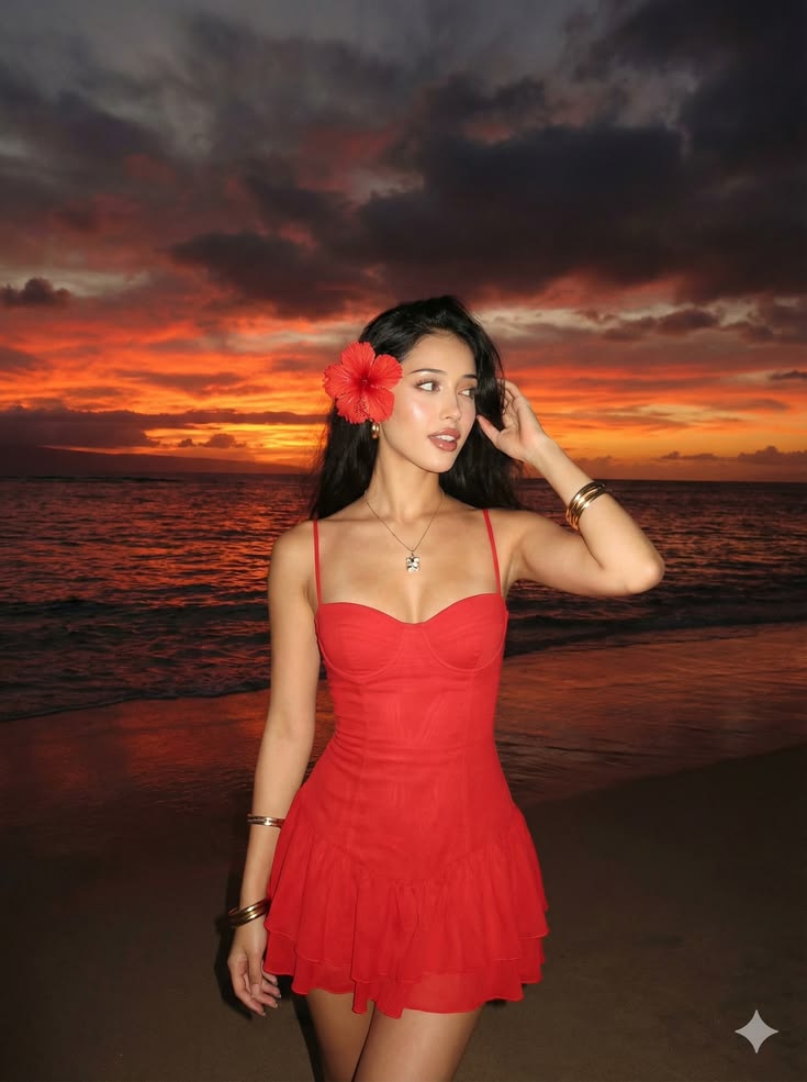 Red dress beach portrait at sunset